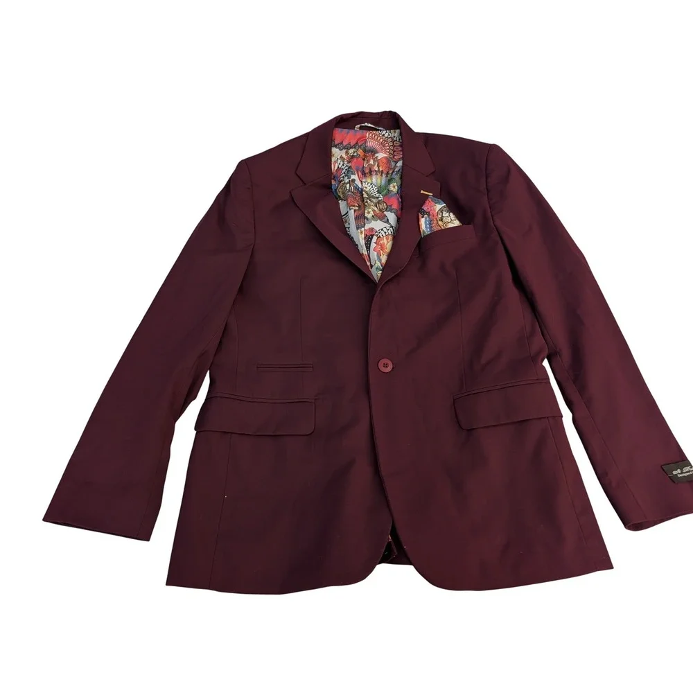 St Patrick Mens Burgundy‎ Blazer Jacket Graphic Lining Pocket Square Size M